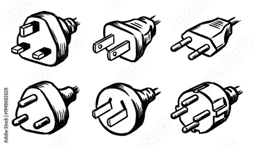 Sketch illustration of a collection of electrical power plugs, representing diverse global power connection types and standards.