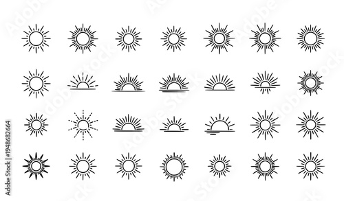 Cute cartoon sun icon set with smiling sunshine characters isolated on white background vector collection