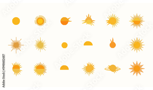 Modern flat sun icon set with bright sunshine weather symbols isolated on white background vector collection