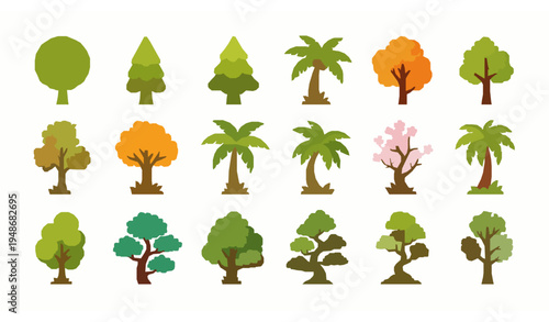 Cute cartoon tree icon set with colorful forest garden and tropical trees isolated on white background