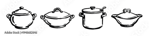 Set of hand-drawn sketch-style cooking pots and lidded dishes, illustrating various kitchenware for culinary use.
