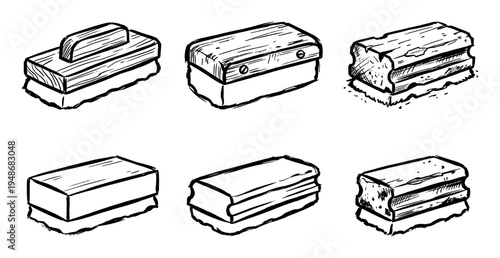 Set of hand-drawn blackboard erasers in various styles, illustrating classic classroom and school supplies.