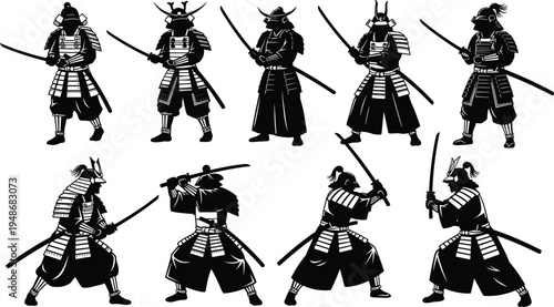 Samurai warrior silhouettes collection with katana swords in combat stances, traditional Japanese fighter armor vector illustration set isolated on white background