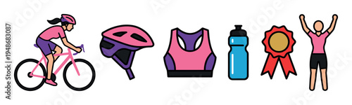 Set of vibrant icons representing female cycling, sports equipment, and achievement for active lifestyle and fitness concepts.