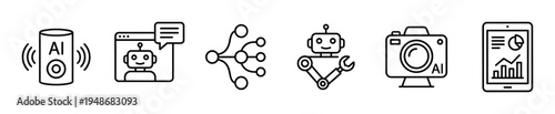 Modern artificial intelligence and digital technology line icons depicting concepts like smart assistants, chatbots, and machine learning.