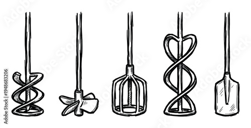 Collection of hand-drawn mixer paddles and stirrers, illustrating various tools for mixing paint, plaster, or other construction materials.