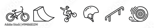 Various BMX biking and extreme sports line icons depicting bicycles, ramps, helmets, and rails for active lifestyle concepts.