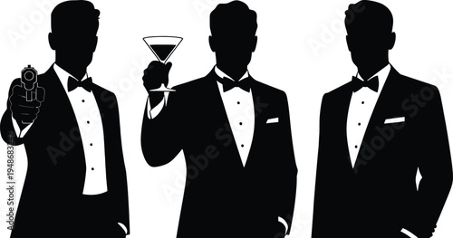 Secret agent silhouette in tuxedo holding gun and martini glass, spy character collection, elegant man in suit isolated on white background vector illustration