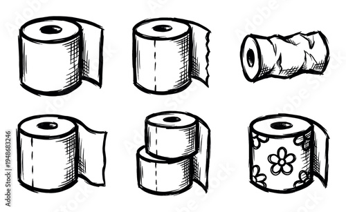 Various hand-drawn toilet paper rolls are depicted in different states, including full, partially used, crumpled, and patterned designs.