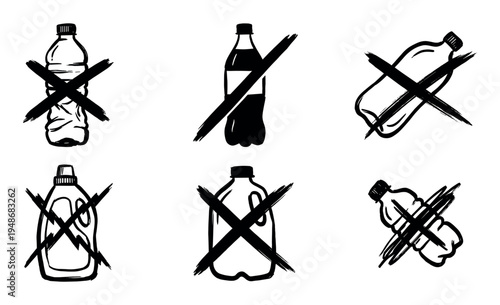 Various hand-drawn plastic bottles with a large cross mark symbolizing the rejection of single-use plastics and promoting environmental sustainability.