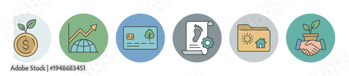 Collection of colorful circular icons representing environmental sustainability, green finance, and ecological responsibility.