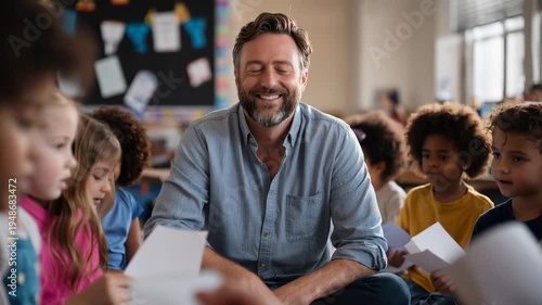 Smiling male teacher sitting with diverse children in a classroom, learning together