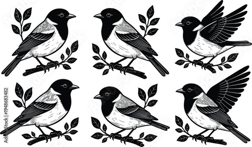 Set of black and white bird silhouettes perched on branches, vintage engraved style illustration, woodland wildlife clipart collection isolated on white background