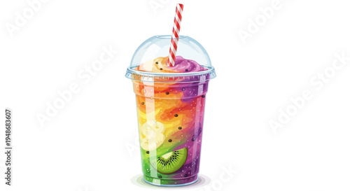 Vector illustration of colorful drink with straw and fruit