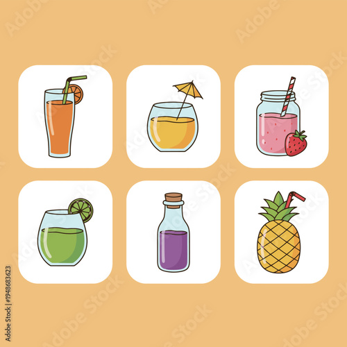 Various fruit smoothies and fresh juices in plastic cups with straws and fruit garnishes flat vector icon set for summer drink menu design