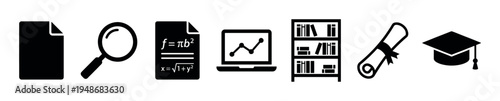Collection of black silhouette icons representing education, learning, research, and academic achievement.