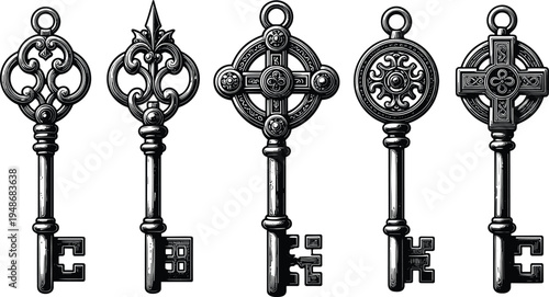 Set of five ornate vintage keys with intricate decorative bows and bits, antique black and white illustration showcasing historical craftsmanship and ornamental design diversity