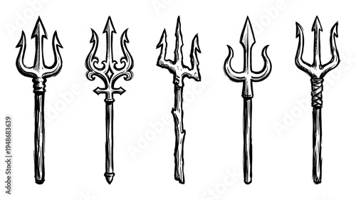 Collection of five hand-drawn trident illustrations, each featuring unique designs and intricate details in a classic sketch style.
