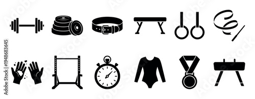 Collection of black silhouette icons representing various gymnastics and weightlifting equipment and accessories for sports training.