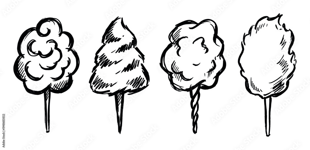 Obraz premium Collection of hand-drawn cotton candy illustrations, each with a unique fluffy shape on a stick.
