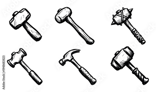 Set of various hand-drawn hammer illustrations, showcasing different types of tools used for construction, carpentry, and general repair work.