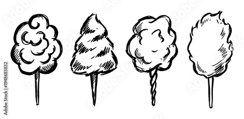 Collection of hand-drawn cotton candy illustrations, each with a unique fluffy shape on a stick.