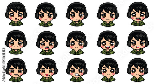 Cute Gamer Boy Character Emote Sticker Set, Cartoon Gaming Avatar Emoji Pack, Streaming Reaction Icons for Twitch Discord Vector