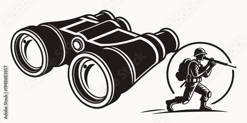 soldier with backpack and rifle using binoculars Vector