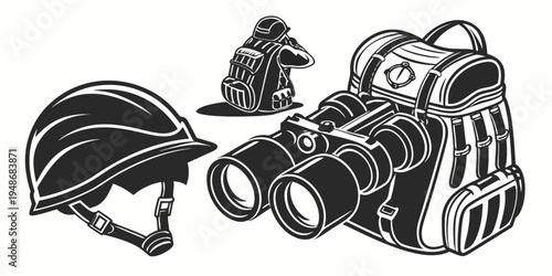 a backpack binoculars and a helmet and a mouse Vector