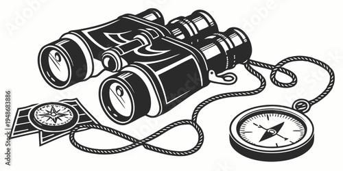 a pair of binoculars and a compass on a table Vector