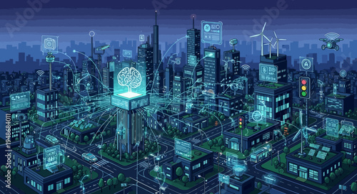 Futuristic cityscape at night, blue neon lights, vector illustration