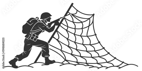 soldier dragging camouflage net Vector