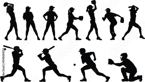 Silhouette illustration of athletes playing softball and baseball, showing dynamic poses of batting, pitching, catching, and running, symbolizing teamwork, sports energy, and athletic performance.