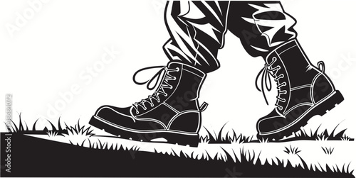 a person's legs wearing hiking boots walking on grass Vector