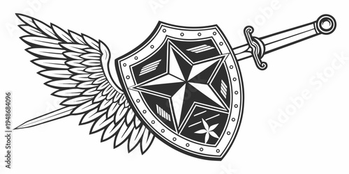 a shield with a star and a sword with a wing Vector