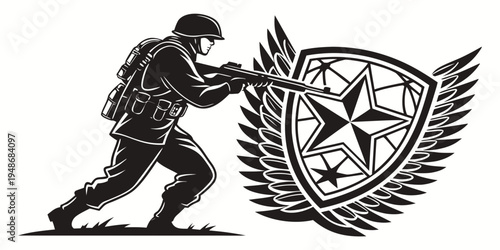 soldier pushing a shield with star and wings Vector