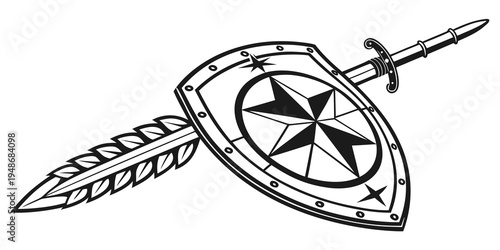 a shield with a star and sword Vector