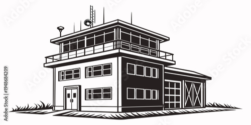 a tall building with a flat roof and several windows Vector