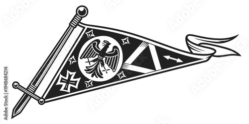 a black and white pennant flag with a bird emblem Vector