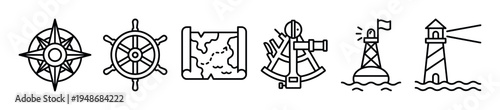 Nautical navigation symbols and marine exploration icons representing sea adventure and maritime travel.