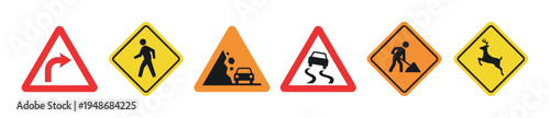 Collection of various road warning signs including right turn, pedestrian crossing, falling rocks, slippery road, road work, and deer crossing.