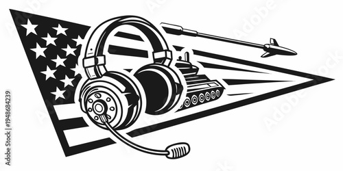 american flag with headset and airplane Vector