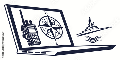 laptop with walkie talkie compass and warship on screen Vector