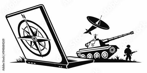 a laptop computer with a compass on the screen next to a tank and a soldier Vector
