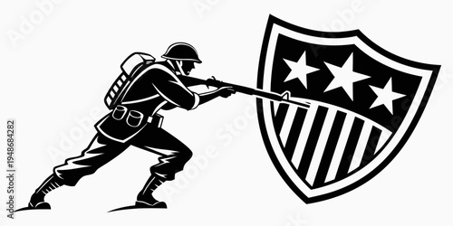 soldier pushing american shield with three white stars Vector