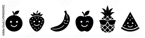 Collection of happy fruit silhouette icons including an orange, strawberry, banana, apple, pineapple, and watermelon.