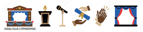 Colorful set of icons representing public speaking, performance, and achievement, including stages, microphones, and awards.