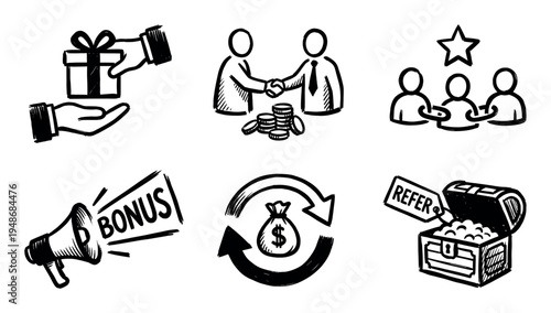 Hand-drawn business and reward icons including gift giving, handshake, team success, bonus megaphone, money exchange, and referral treasure chest.