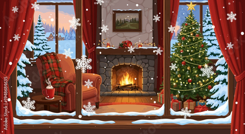 Vector Christmas scene by a fireplace with snowy window view