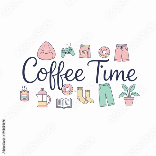 Stay Home concept lettering with cute lifestyle doodles including a cat game controller plant socks book and ramen bowl representing comfort and relaxation during quarantine or weekend at home